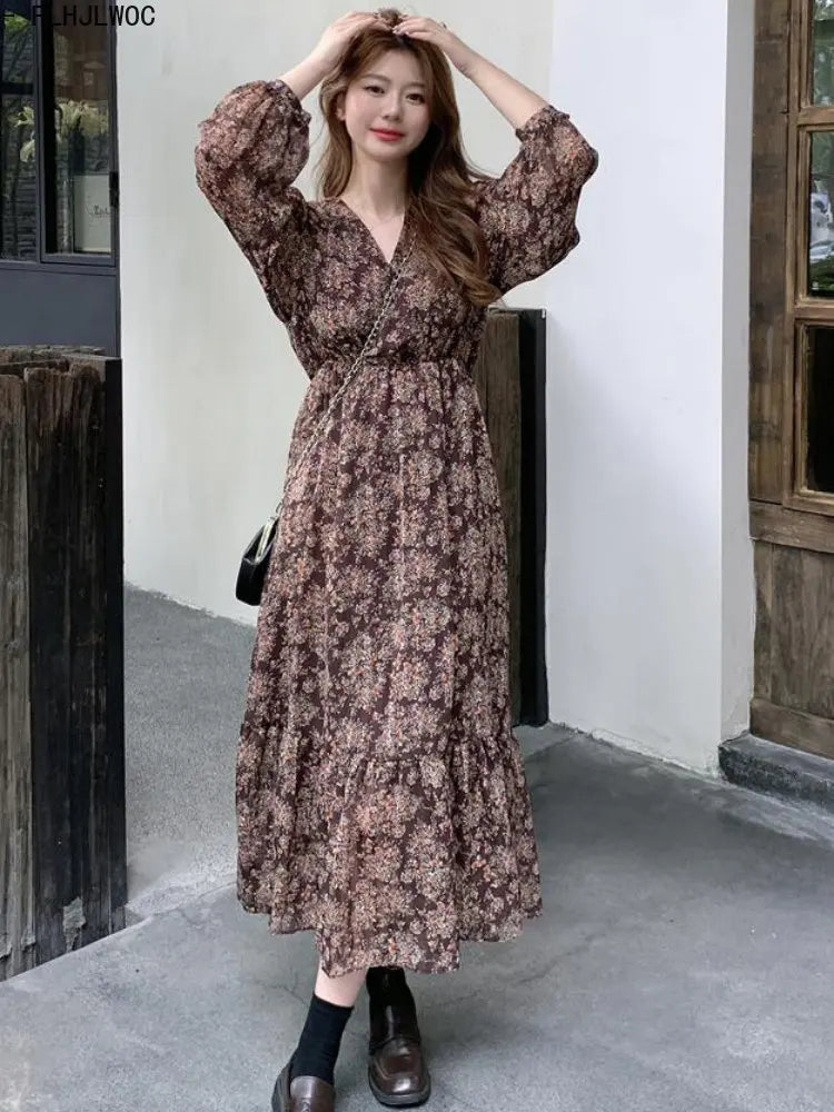 Chic Korean Clothes Design 2022 Autumn Spring Womens V Neck Elegant Lady Floral Printed Retro Vintage Long Maxi Dress