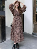 Chic Korean Clothes Design 2022 Autumn Spring Womens V Neck Elegant Lady Floral Printed Retro Vintage Long Maxi Dress