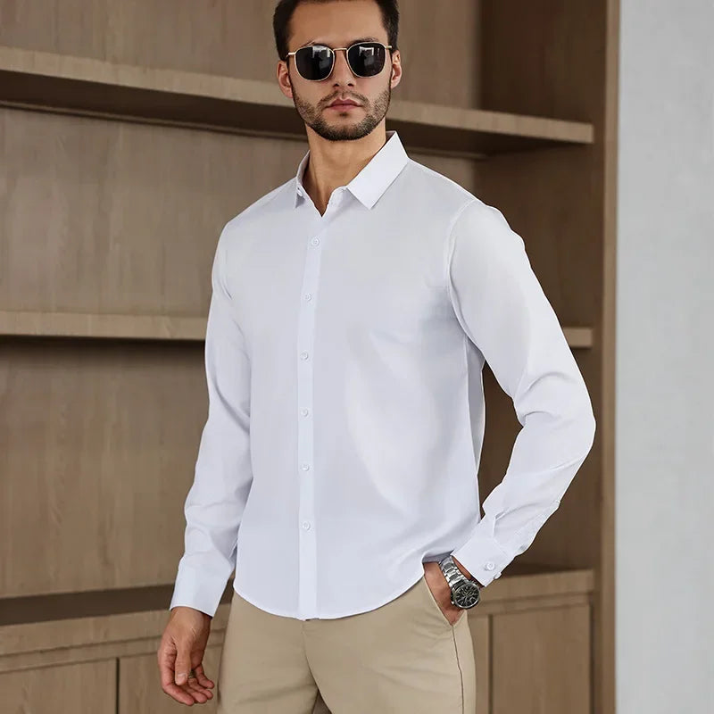 New Men'S Business Casual Long Sleeved Solid Color Shirt Wrinkle Resistant Wrinkle Free Comfortable All Season Versatile Top