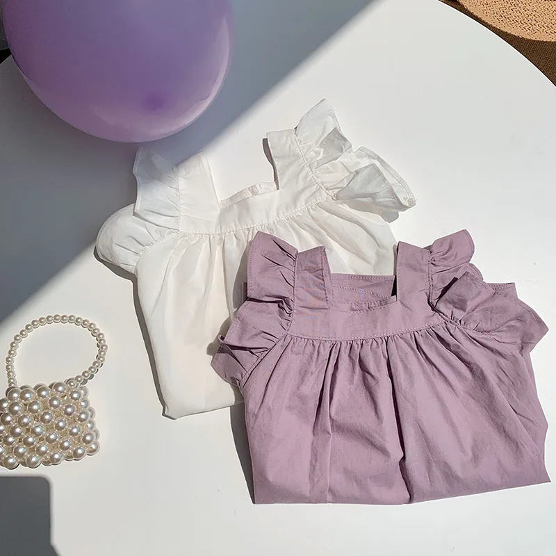 MILANCEL Girls Dresses 2024 Summer Little Fresh Kid's Flare Sleeve A-line Dress Simple Square Collar T-shirt Dress 2-7 Y
