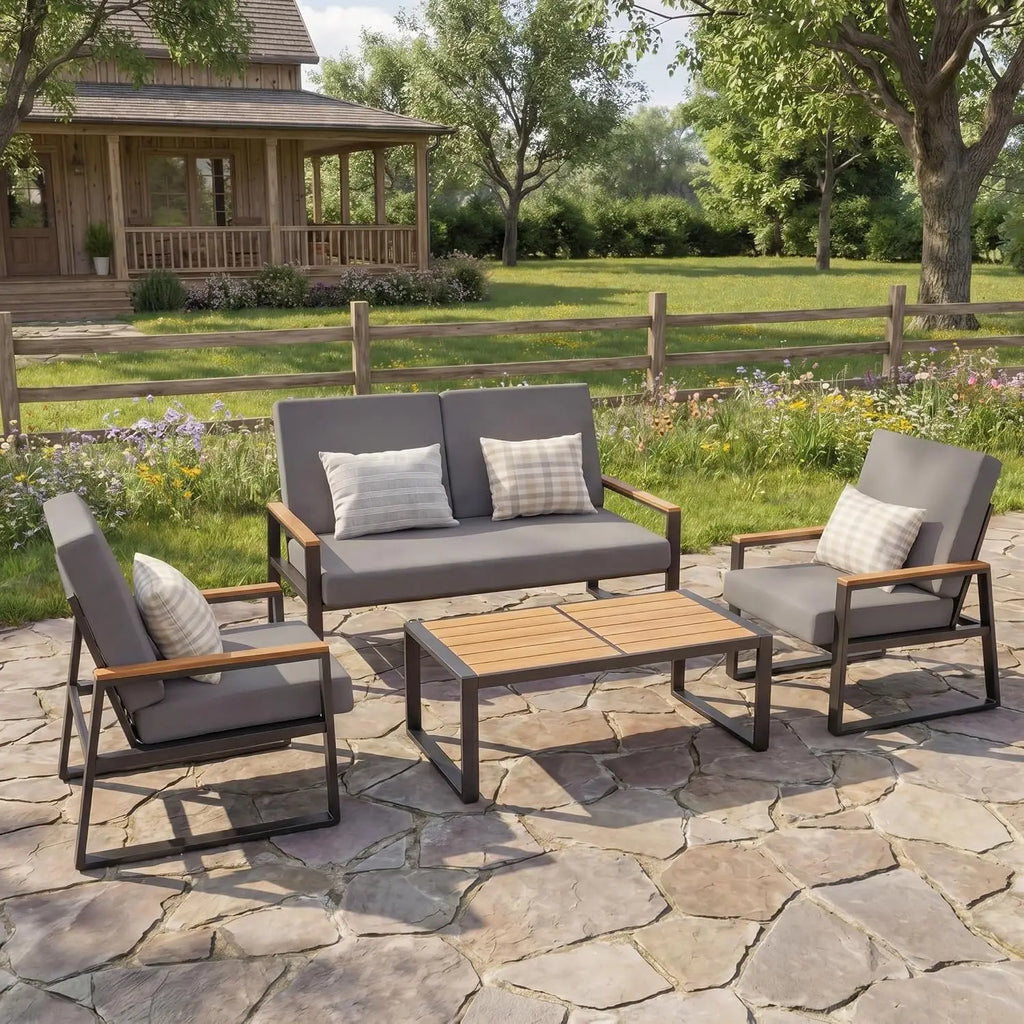 Metal Patio Set 4-Piece Outdoor Conversation WPC Table Washable Cushions Weather-Resistant Seating Yard Poolside, Customized