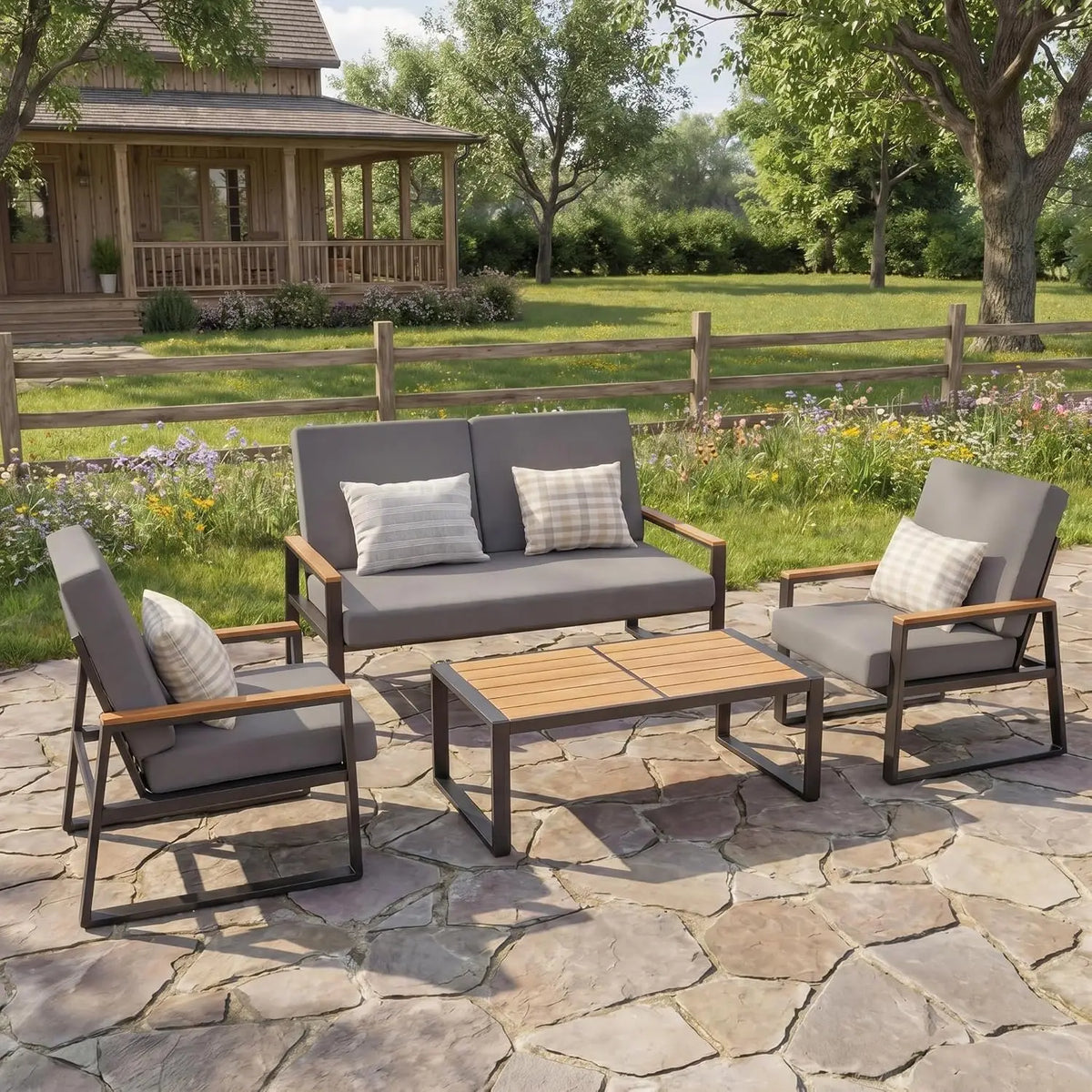 Metal Patio Set 4-Piece Outdoor Conversation WPC Table Washable Cushions Weather-Resistant Seating Yard Poolside, Customized