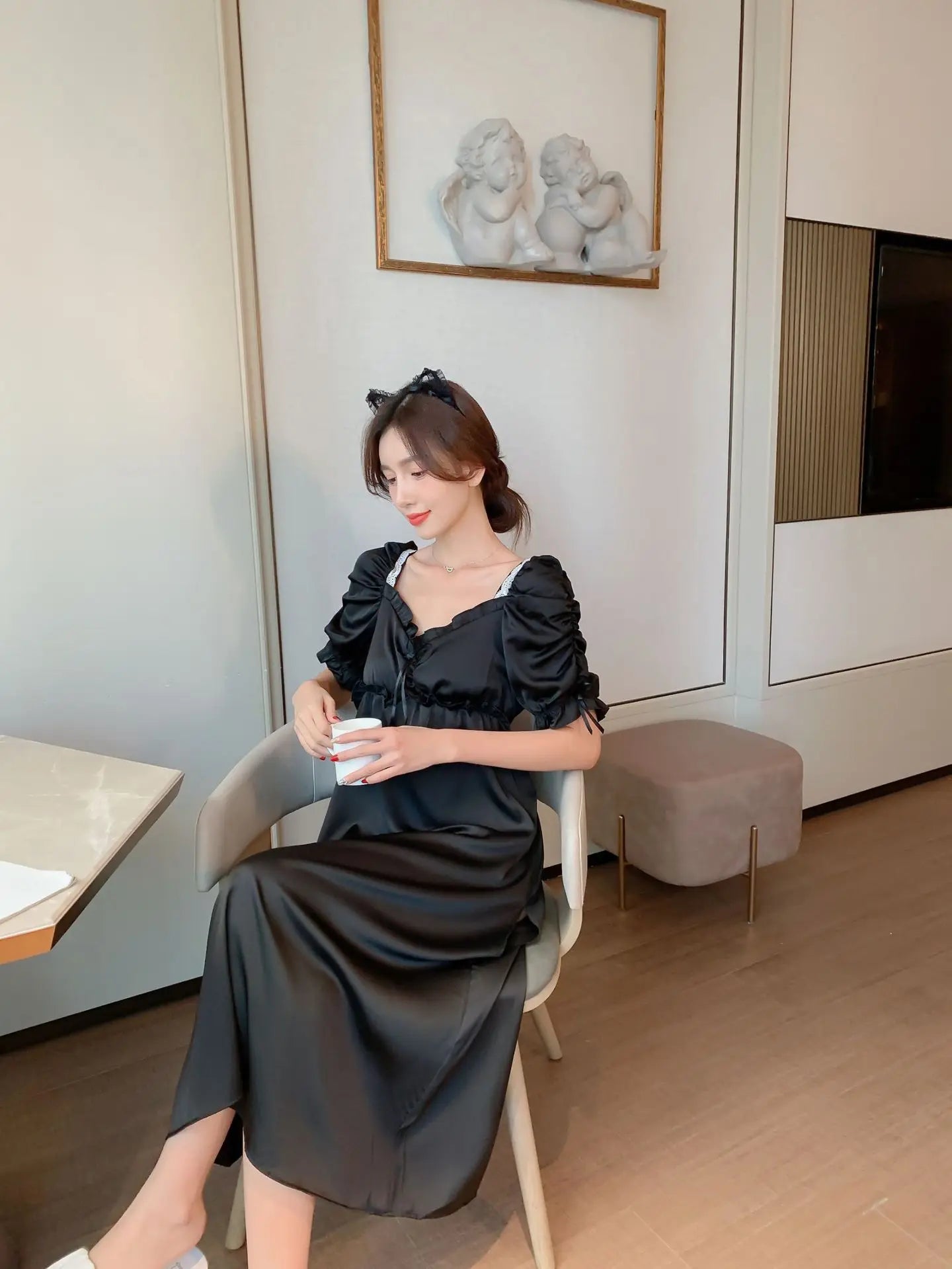 Satin Long Nightgown Women Sweet Lovely French Sleepwear Retro Silk Short Sleeve Sleepshirt Ladies Fashion Nightdress Home Dress