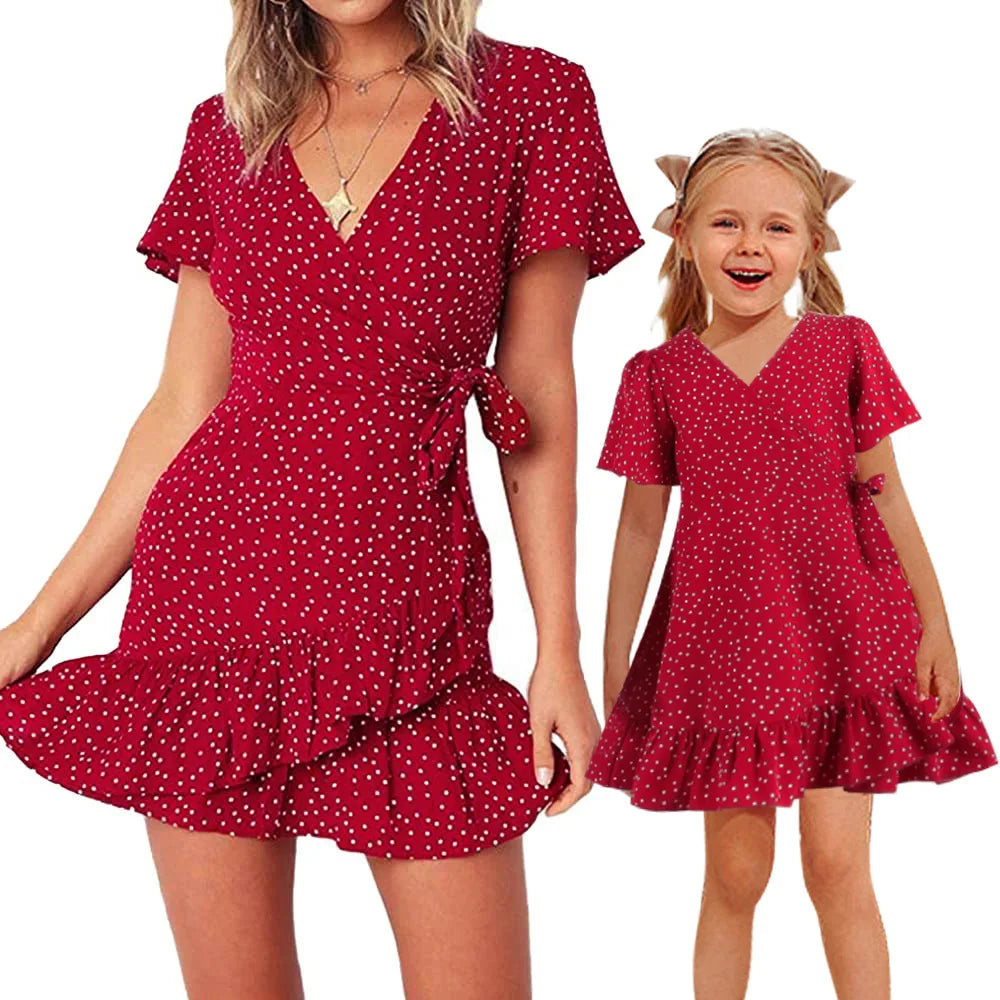 Summer 2026 Polka Dot Print Mom and Daughter Matching Clothes Ruffles Lace-up Dresses Short Sleeve Mini Dress Cute Holiday Look