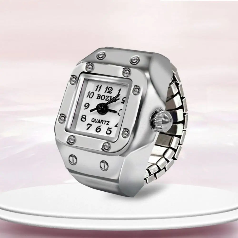 Finger Ring Watch For Couples Vintage Punk Heart Shape Quartz Clock With Adjustable Elastic Strap