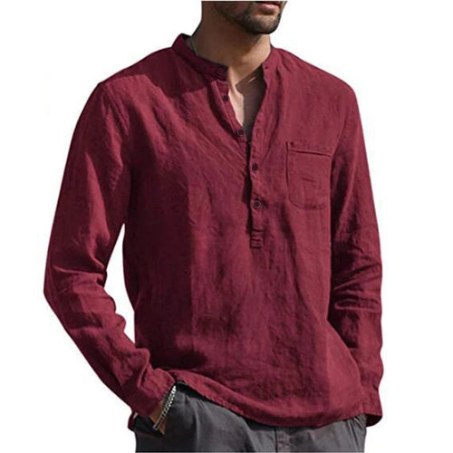Cotton Linen Mens Long Sleeve Shirt Breathable Summer Comfort StandUp Collar Beach Casual Plus Size