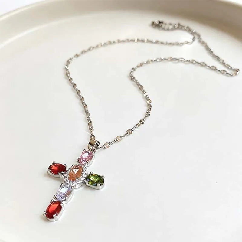 Fashion Colorful Zircon Cross Pendant Necklace For Women Stainless Steel Silver Color Charm Religious Necklaces Jewelry