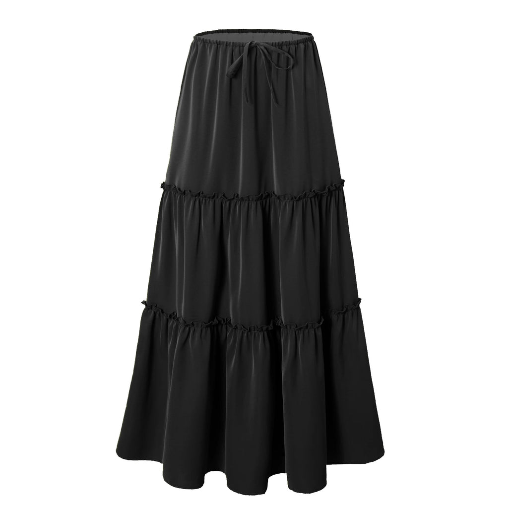 Elegant High Waist Elastic Pocket Long Skirt Adjustable Belted Half Body Skirt Women's Home Fashion Spring 2025 Polyester Blend