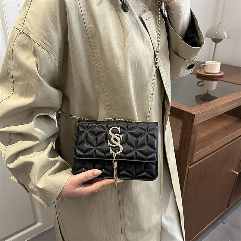 Fashionable Small Fragrant Style Argyle Quilted Small Square Bag Metal Letter Tassel Diagonal Cross Bag Commuter Shoulder Bag