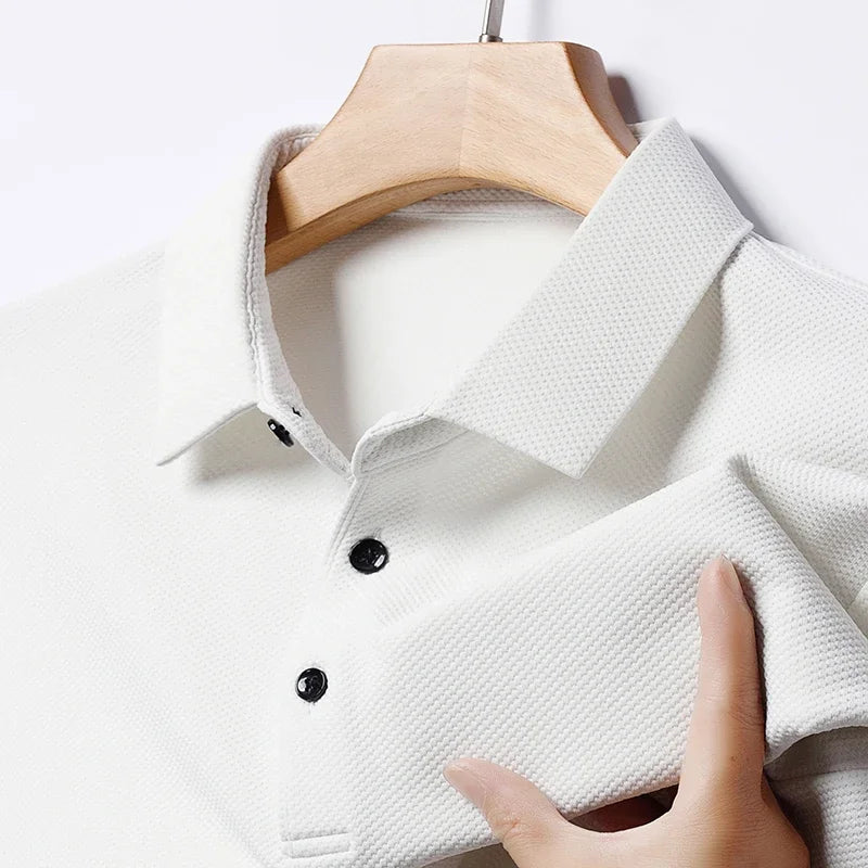 Men'S Fashion Waffle Solid Short Sleeved Polo Shirt Summer Breathable Comfortable Top