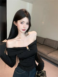 Sexy Hollow out Metal Long Sleeve T-Shirt Slim Fit Beautiful Design Shoulder Bared Autumn Fashion for Young Women Hollow out ...