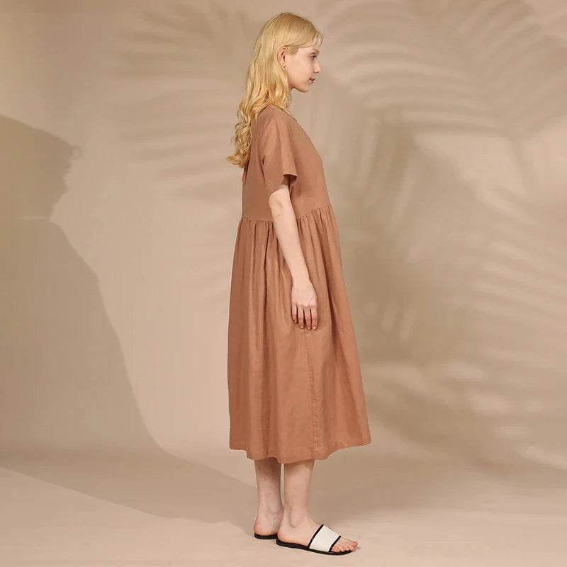 Women Cotton Linen Midi Dresses Summer Chic Female Vestidos Loose A-Line Dress Short Puffy Sleeve Casual Sundress