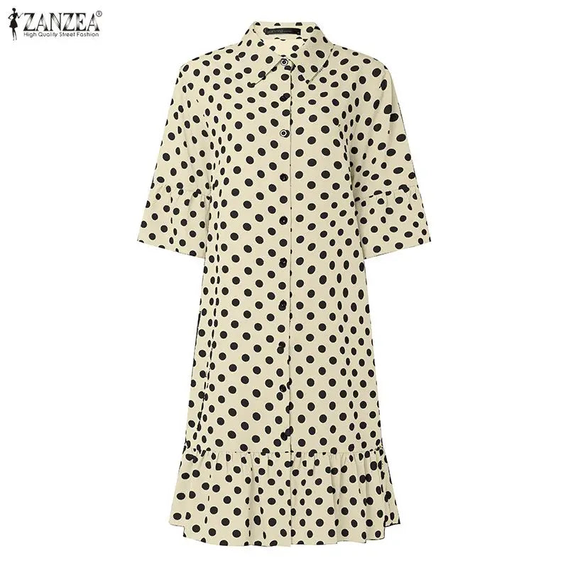 ZANZEA Summer Elegant Lapel Neck Short Sleeve Sundress Polka Dots Printed Women Dress Stylish Casual Holiday Beach Midi Dresses