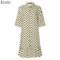 ZANZEA Summer Elegant Lapel Neck Short Sleeve Sundress Polka Dots Printed Women Dress Stylish Casual Holiday Beach Midi Dresses