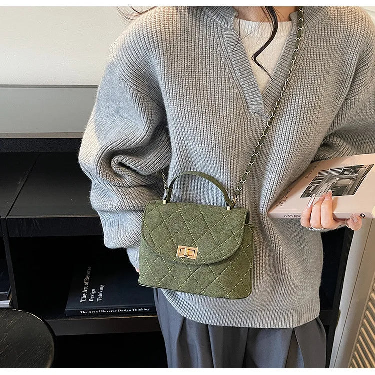 Diamond Grid Chain Crossbody Bag One Shoulder Purse Trendy Flip Top Clutch Women's Fashion Suede Leather Casual Shoulder Bag