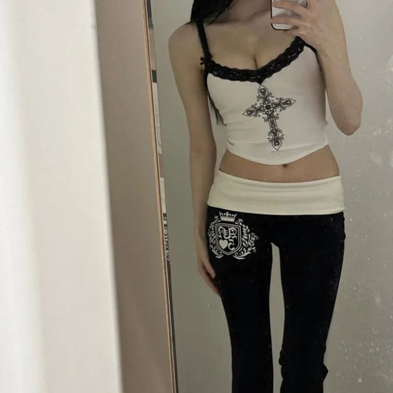 Women Summer Sexy Y2K Hot Girl Slim Fit Tank Top, European and American Street Style Printed Lace Top for Women