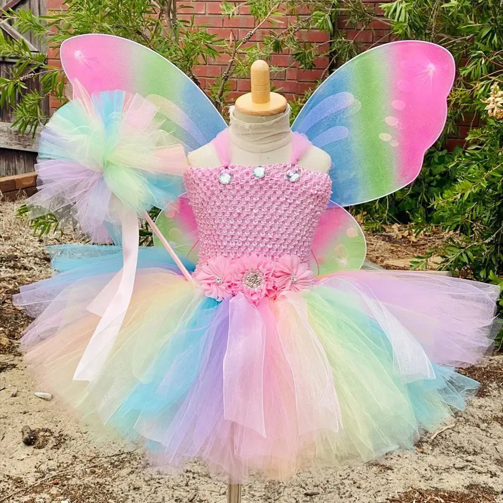 Girls Purple Glitter Dress Kids Flower Fairy Tutu Dresses with Butterfly Wing and Stick Hairbow Children Cosplay Party Costumes
