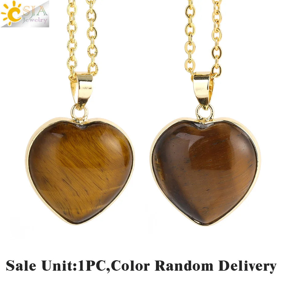 CSJA Heart Natural Stone Crystal Necklaces Pendants for Women Pink Quartz Clear Amethysts Healing Necklace Decoration H674