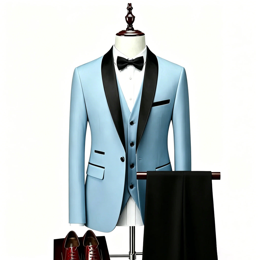 US Size XXS-3XL Men's 3 Piece Tuxedo Suit Set, Black Satin Shawl Lapel Slim Fit Blazer Vest Pants for Wedding Groom Party Prom