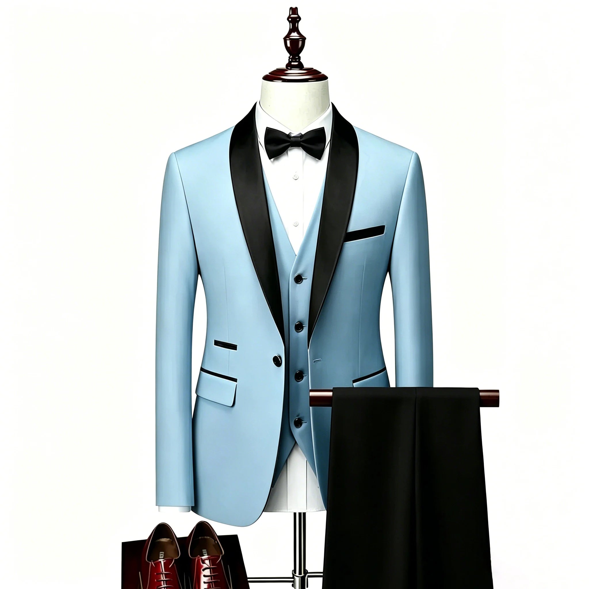 US Size XXS-3XL Men's 3 Piece Tuxedo Suit Set, Black Satin Shawl Lapel Slim Fit Blazer Vest Pants for Wedding Groom Party Prom