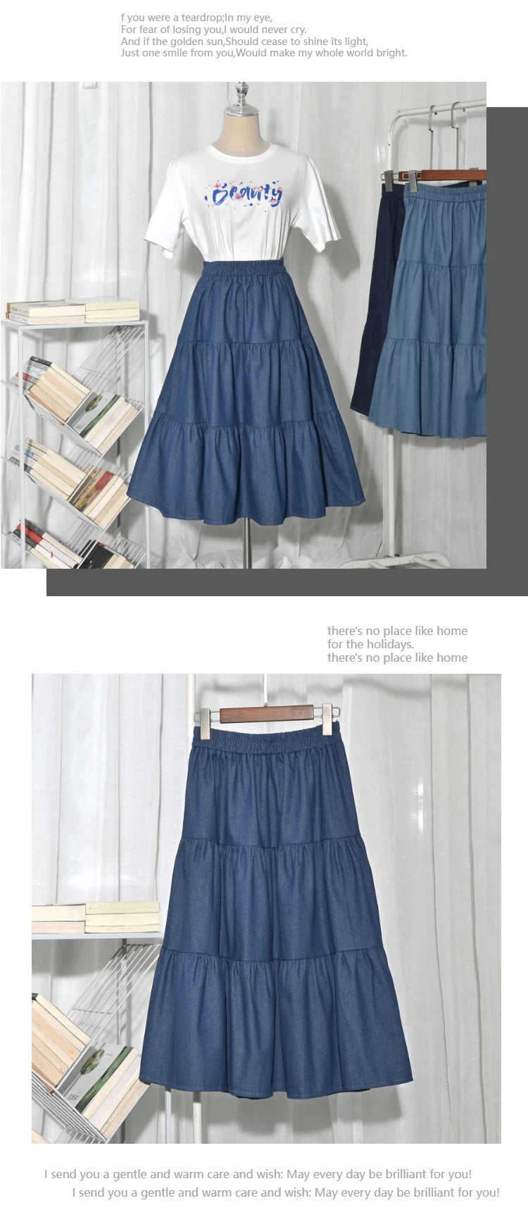 Summer Cake Splicing Denim Skirt Women's A-Line Midi Retro Elastic Waist Slimming Fat MM Light-Colored Skirts Korean Sle Hi...