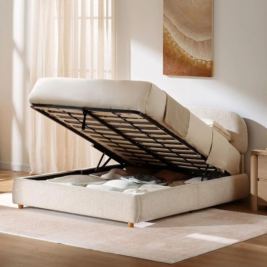 Queen Storage Bed Frame Adjustable Headboard Beige, Customized