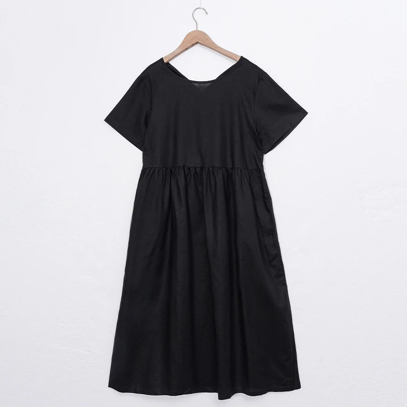 Women Cotton Linen Midi Dresses Summer Chic Female Vestidos Loose A-Line Dress Short Puffy Sleeve Casual Sundress