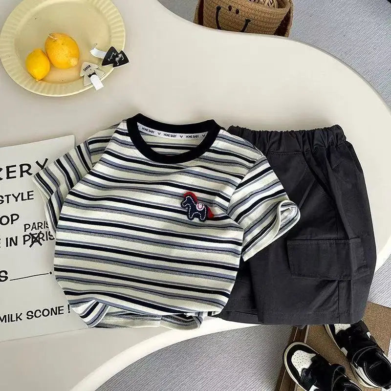 Kids Outdoor Sports Set Boys Girls Summer Short Sleeve T-Shirt Shorts Two-Piece Set Kids' Casual Striped T-Shirt 1-6 Year Set