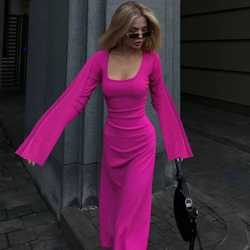 Women's Flare Sleeve Maxi Dress – Slim Fit Lace-Up Floor-Length Gown