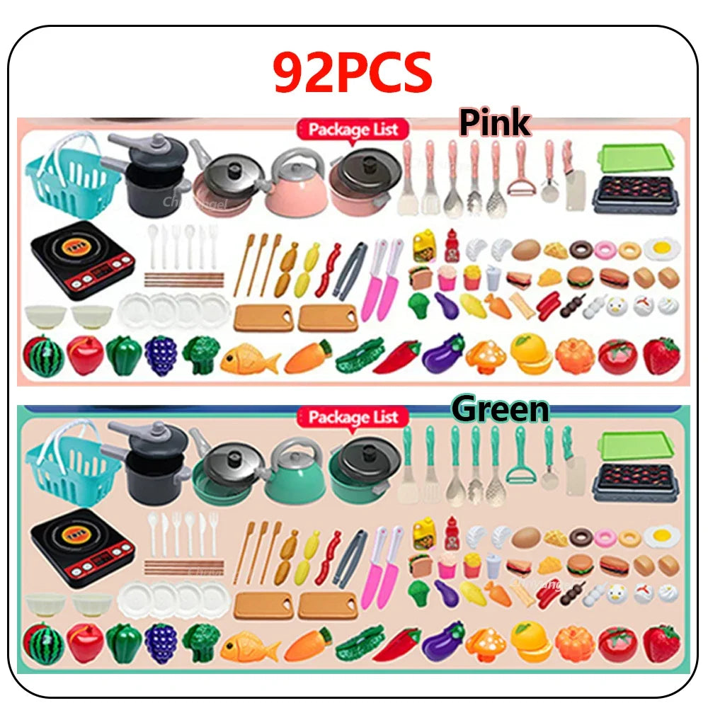 Juego de juguetes de cocina para niños de 92/69/59 piezas, kit de accesorios de cocina de juego con ollas de juego, comida de juguete de simulación, regalo para niñas y niños pequeños