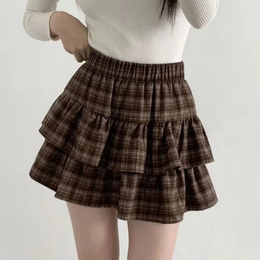 Japanese Y2k Cute Ruffled Plaid Skirt Subculture White Lace Cake Skirts Preppy Casual New Women Princess Puffy Skirts Mini Skirt