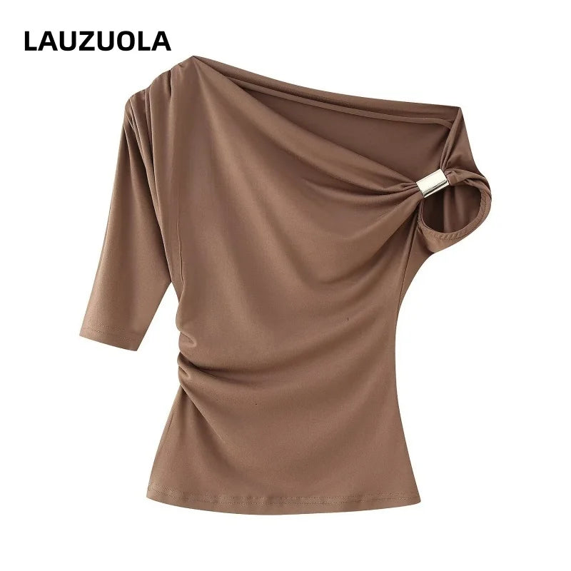 Sexy Asymmetric T-Shirt Tops 2025 New Summer Fashion Elegant Women Slash Neck One Short Sleeve Crop Top Shirts Tees