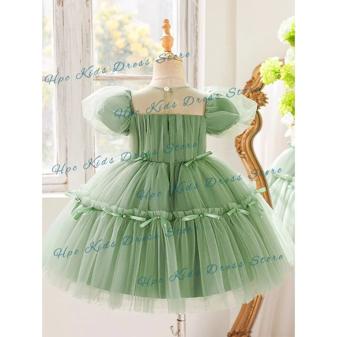 Custom Sage Green Tulle Flower Girl Dress Puff Sleeve Tiered Ruffle Bow Knee Length  Party Bridesmaid Wedding Formal Event