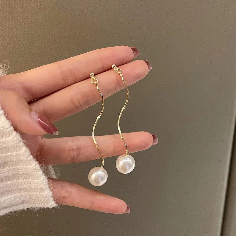Korean Fashion Style Pearl Long Tassel Clip on Earrings for Women Simple Temperament Long Chain Non-piercing Ears Clip Earrings