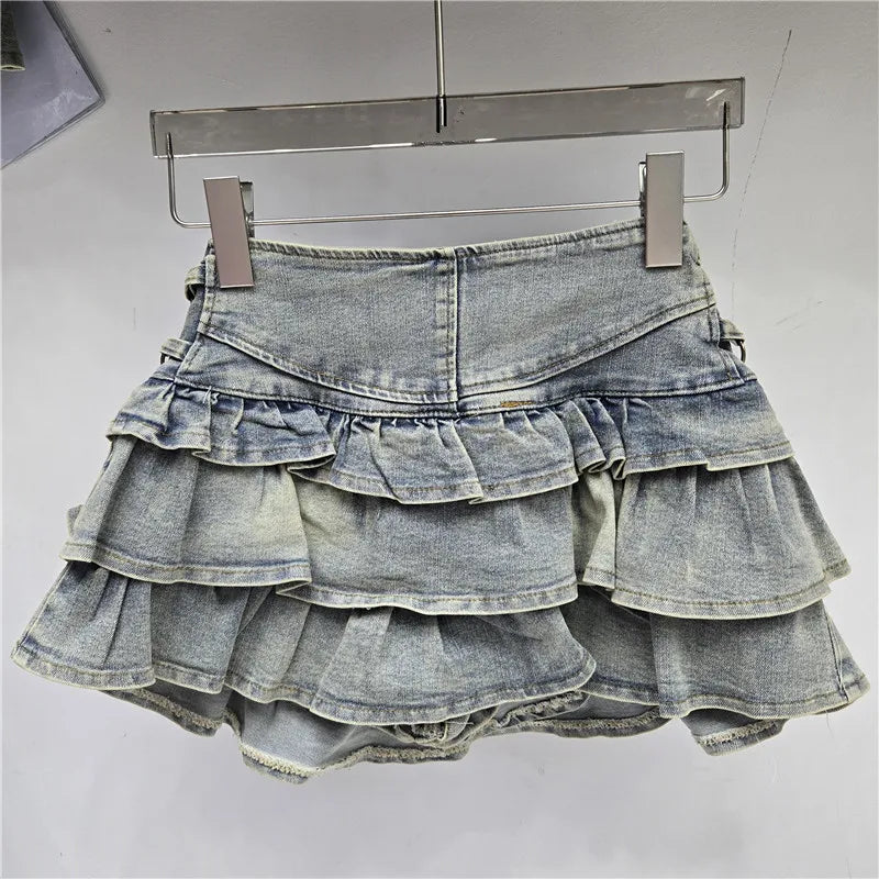 DEAT Women's Denim Skirts Rivet Design A-line High Waist Zipper Ruffles Hem Mini Short Skirt Summer 2026 New Fashion 29A6725