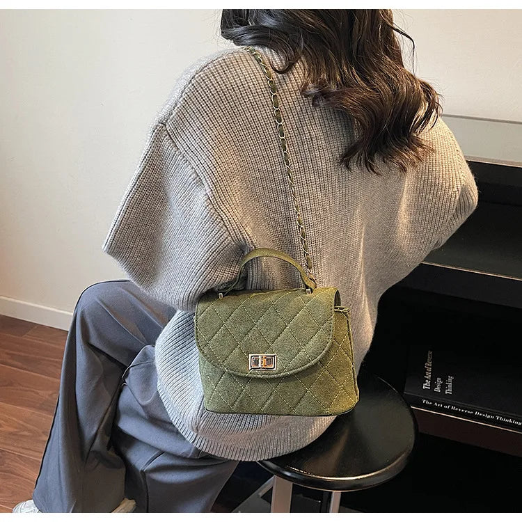 Diamond Grid Chain Crossbody Bag One Shoulder Purse Trendy Flip Top Clutch Women's Fashion Suede Leather Casual Shoulder Bag