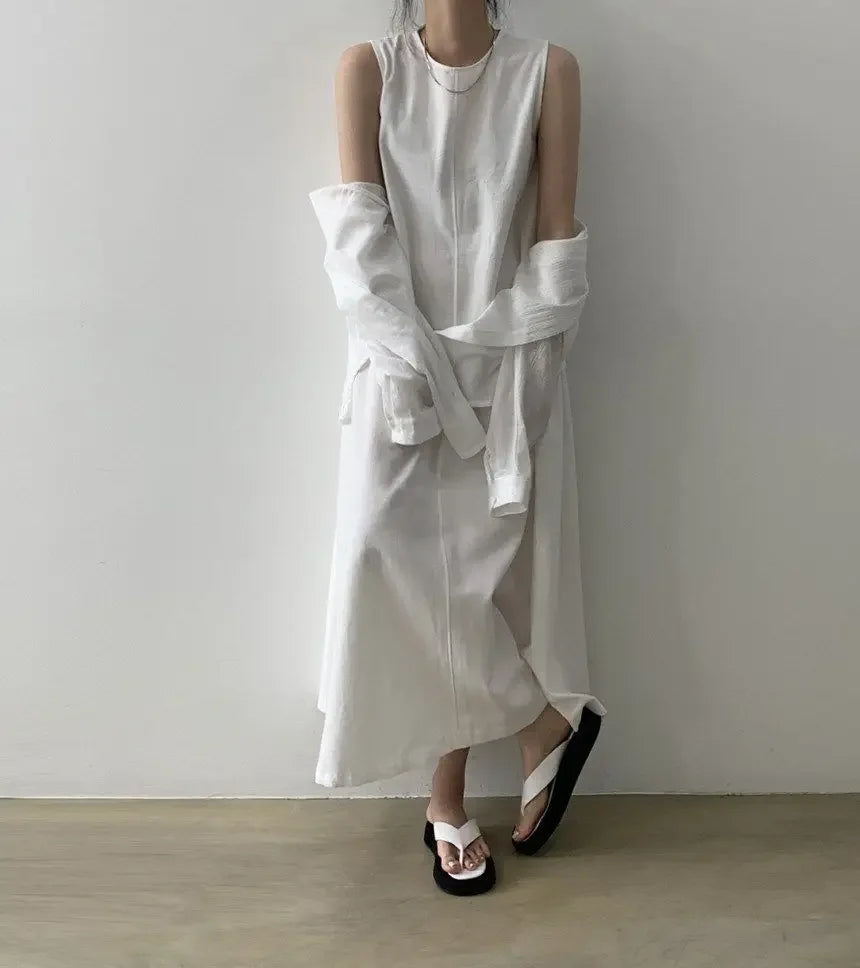Korean Fashion Women Dress Casual Round Neck Loose Solid Color Casual Big Swing Sleeveless Long Linen Lazy Style Vestidos