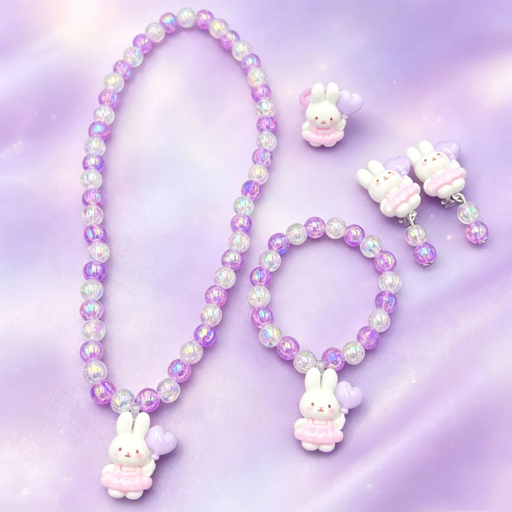 1 Set Handcrafted Unicorn Kids Beaded Jewelry Set Cute Animal Necklace Bracelet Ring And Hair Clips Set For Little Princess