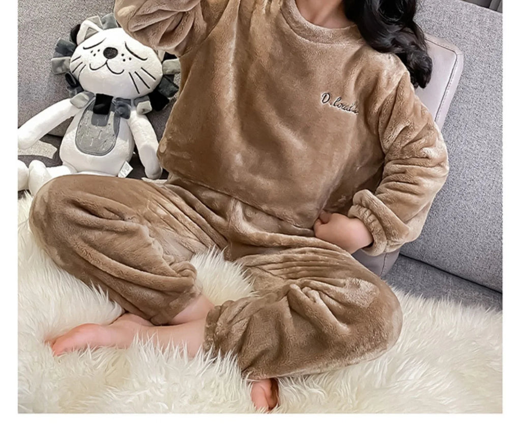 2pcs Boy Girl Kids Fall Winter Sleepwear Toddler Children Baby Coral Fleece Warm Sweatshirt Pant Set Flannel Pajama Pullover Top