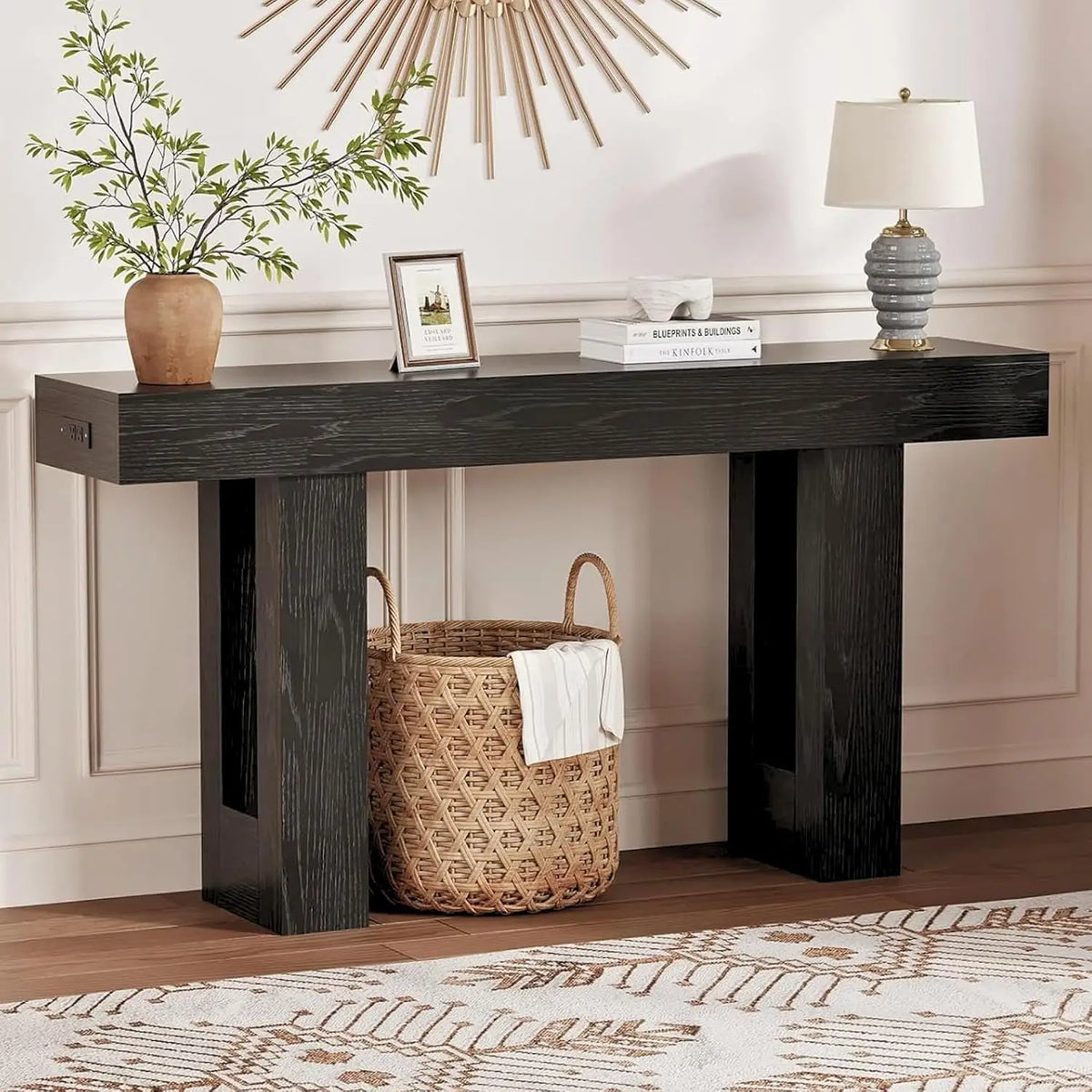63" Console Table with Power Outlet, Rustic Brown Wooden Sofa Table