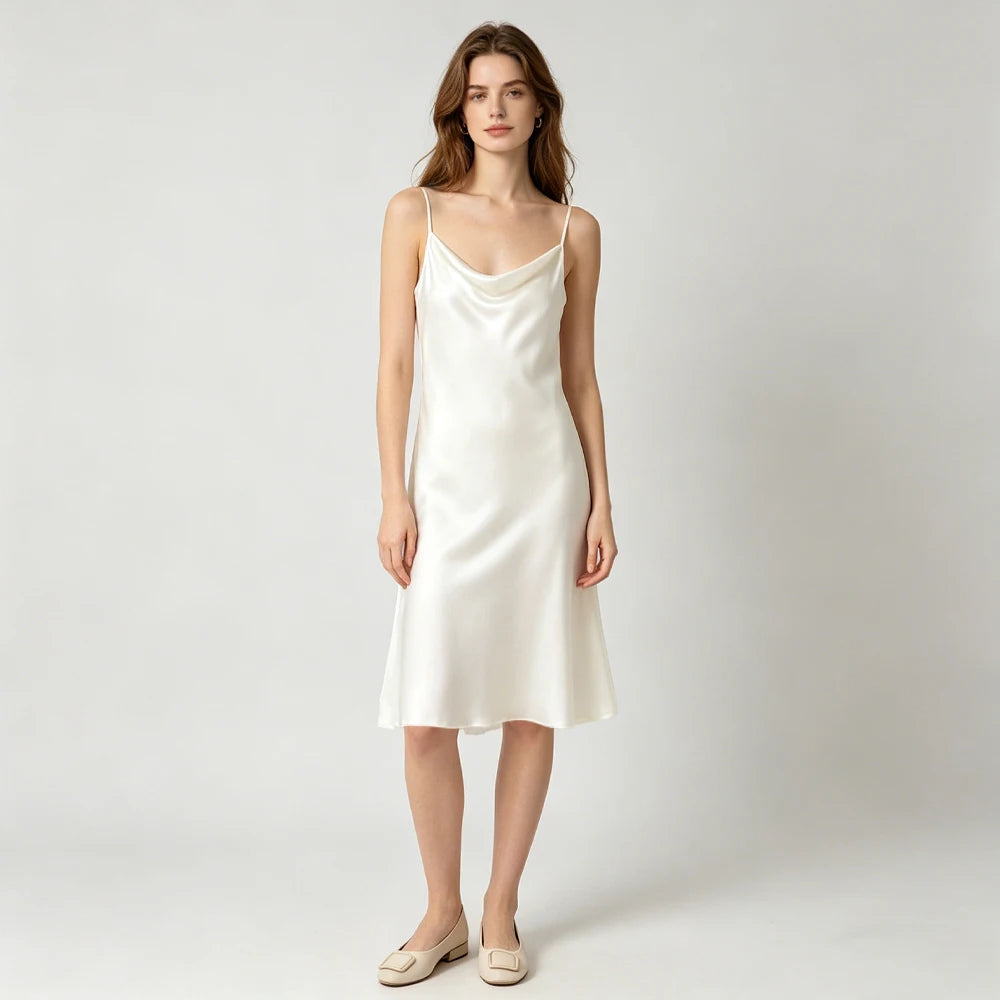 Women's Summer New Style French 100% Natural Mulberry Silk Plain Satin Swing Collar Temperament Camisole Slim Fit Party Dress