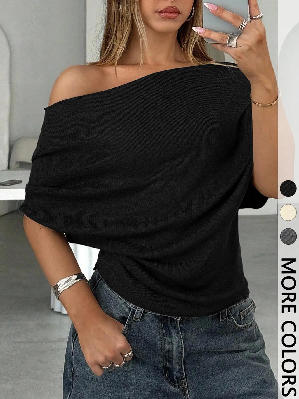 Women's Fashion Sexy Hot Girl One Shoulder T-Shirt 2026 Summer New Slim Bat Sleeve Solid Color Versatile Top T-Shirt Female