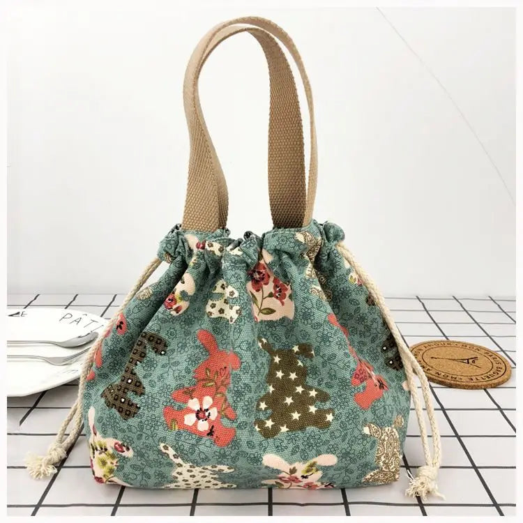Japanese Cute Bento Bag Tote Canvas Lunch Bags Cartoon Anime Drawstring Bag Foldable Holds Two Lunch Boxes