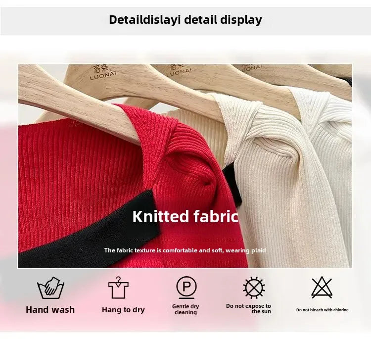 Women's Knitted Short Sweater Square Collar Base Shirt Color Collision Design Sensation Autumn Winter Special Edition Top