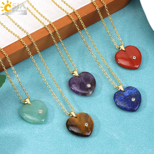 Csja Stainless Steel Heart Pendant Necklace With Natural Stone Amethyst Rose Quartz Crystal For Women DIY Jewelry Makers