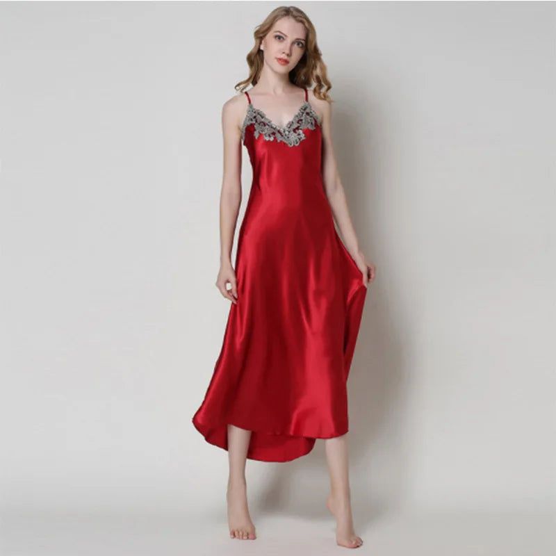 1 PCS Women's Silk Like Lace Sexy V Neck Long Sling Sleep Dress Pajamas Elegant Soft Skin-Friendly Fashion Home Wear