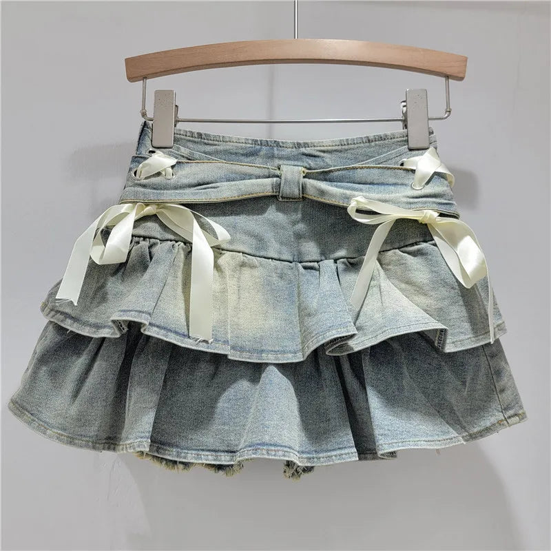 Denim Cake Skirts Women Short Skirt A Line High Waist Slim Fit Elegant Splice Y2k Streetwear Work Bow Sweet 2026 Summer