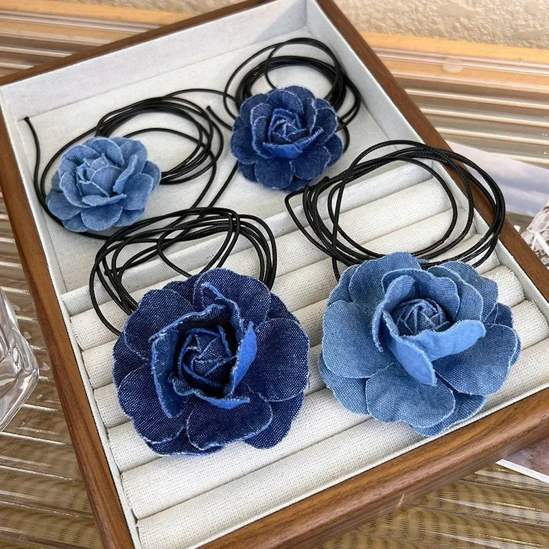 Trend Choker Flower Rose Pendant Collarbone Chain Women Jeans Cloth Necklace Temperament Adjustable Wax Rope Y2K Denim Necklace