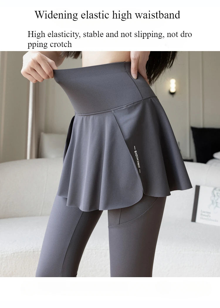 Women Fake Two Pieces Leggings Seamless Fitness Leggings High Waist with Pocket Elastic Slim Fashion Hip Liftting Yoga Pants