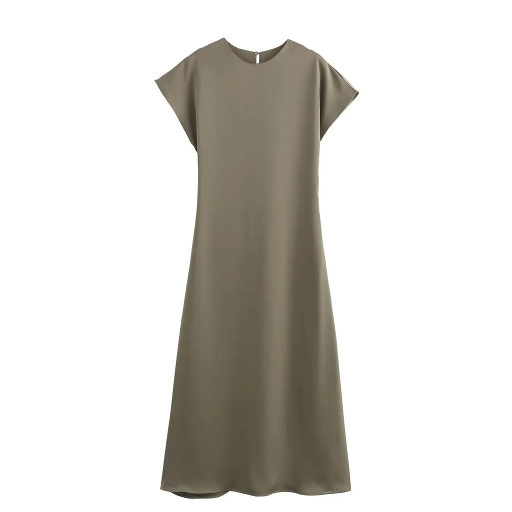Woman Satin Midi Dress Summer Female Solid Fashion Elegant Long Dresses Lady Chic Short Sleeve O-Neck Evening Party Dress